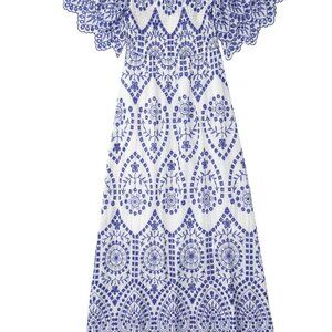 BLUE EMBROIDERY  EYELET  RUFFLE SLEEVE COTTON MIDI DRESS